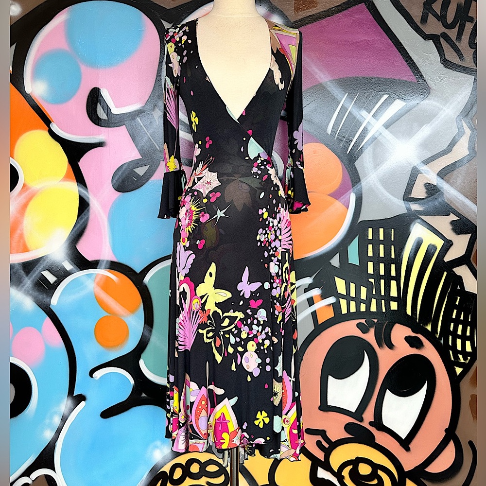 Sumptuous soft Julien Macdonald Wrap Dress in whimsical floral. Timeless beauty.